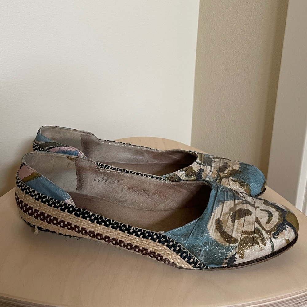 Dries Van Noten Hand-Painted Silk Raffia Flats Shoes size 39